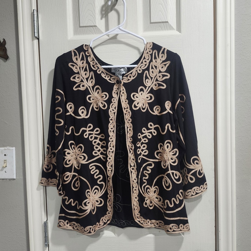 Once 1 Again Jacket Womens S Black Gold Embroidered Open Front Boho‎ Cardigan